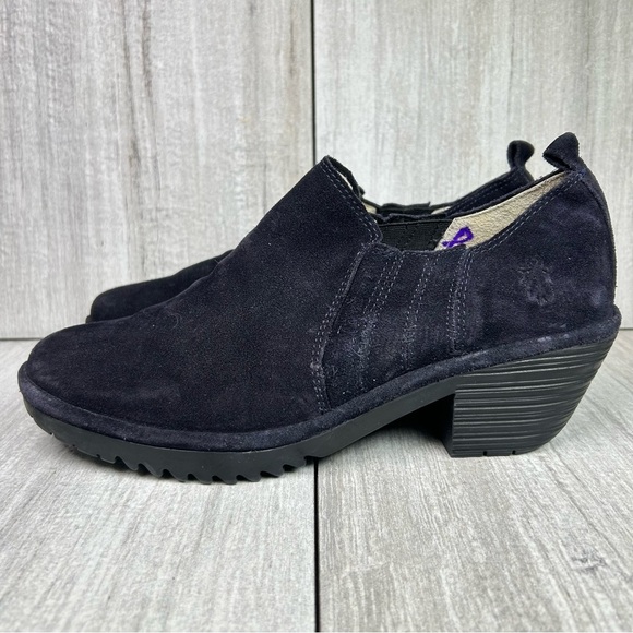 Fly London Dark Blue Suede Heeled Slip On Clog Booties Womens Size 10 EUR 41 - Picture 3 of 12